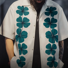 MADEN Men's Four-Leaf Clover Cuban Collar Camp Shirt
