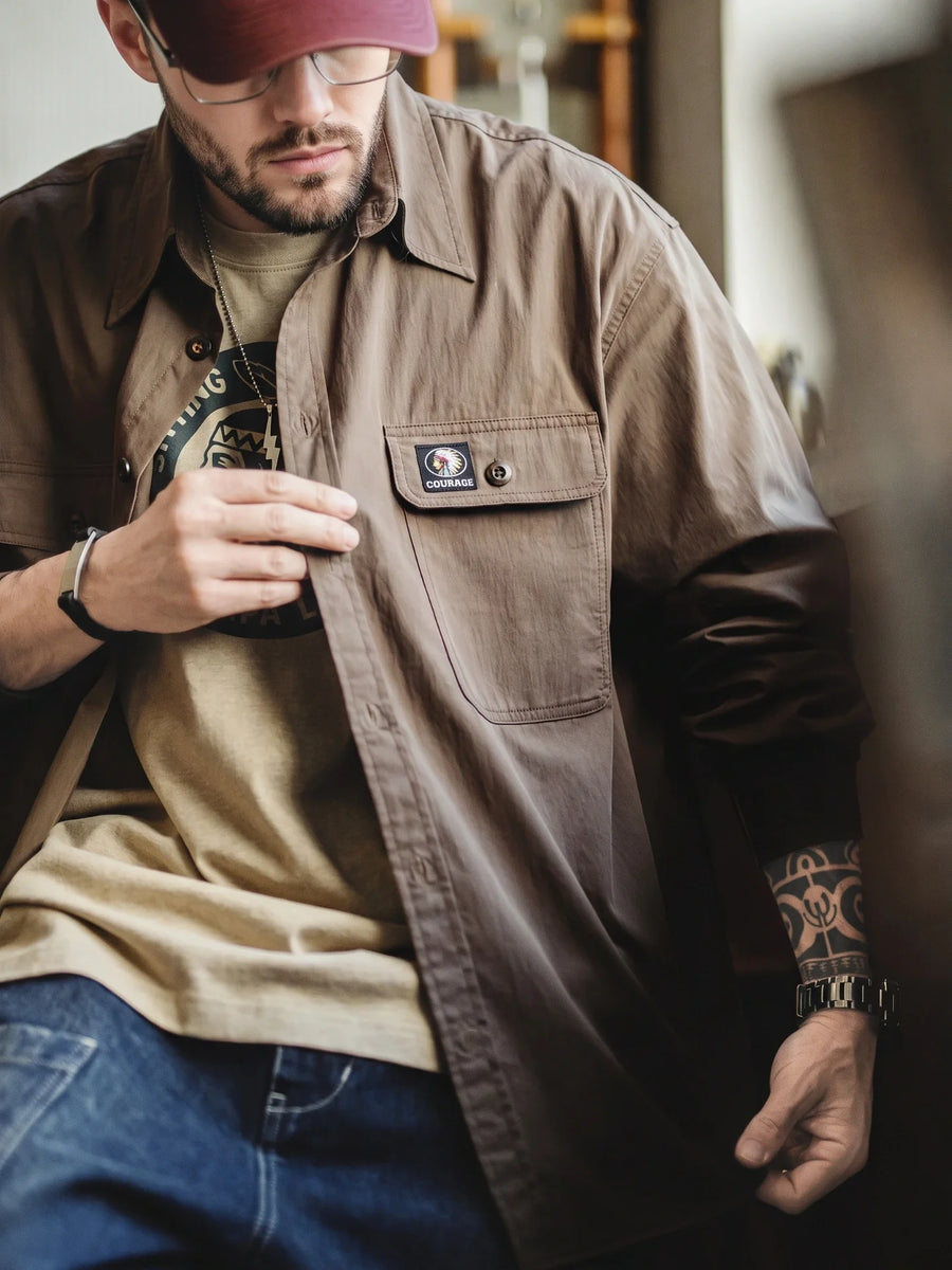 MADEN Vintage Workwear Cotton Long-Sleeve Casual Shirt
