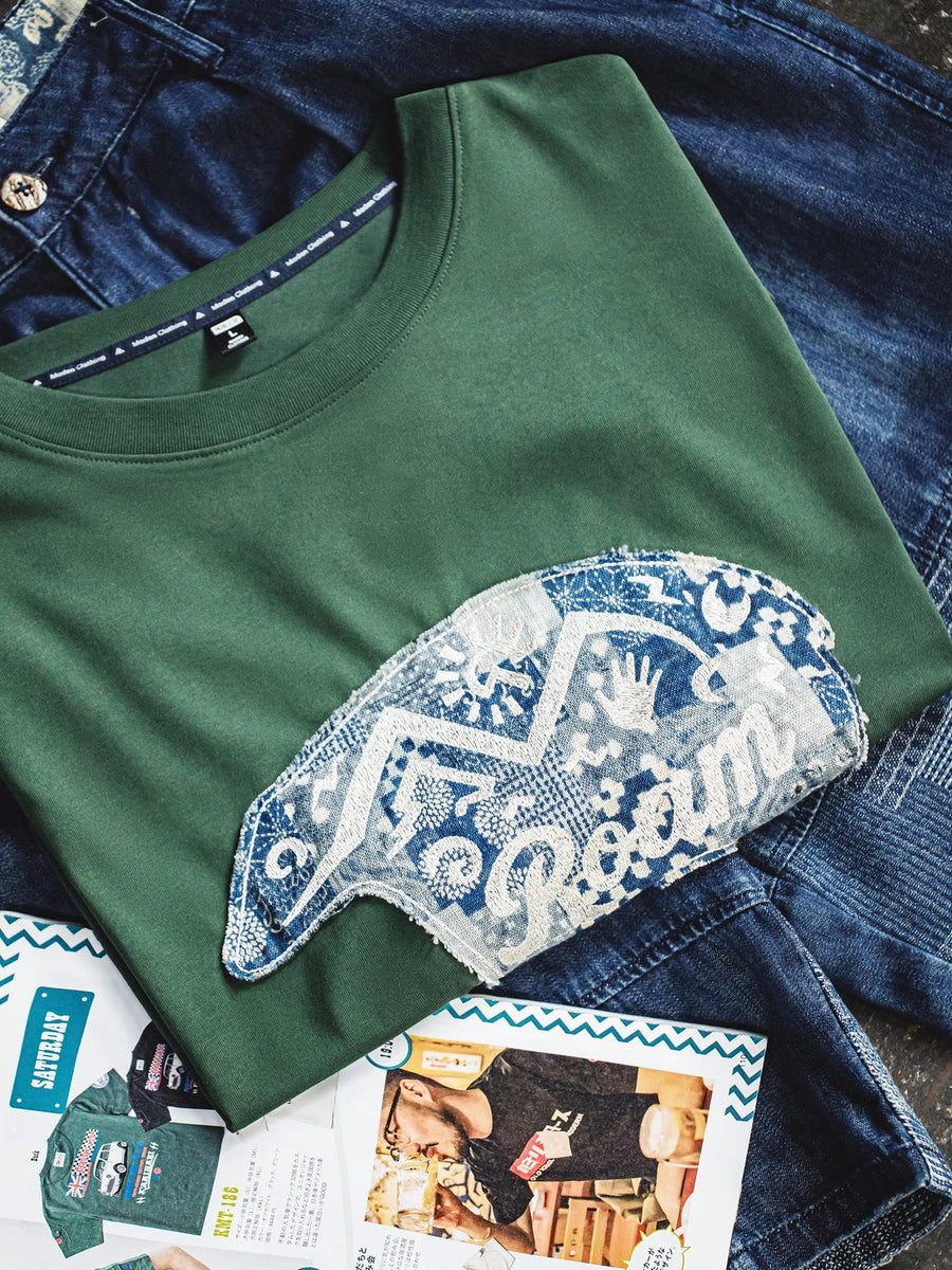 MADEN Men's Vintage Fabric Embroidery Short-Sleeve T-Shirt