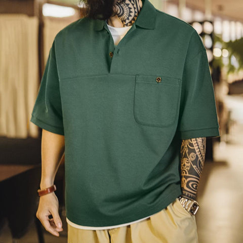 MADEN Retro Green Polo Shirt Short Sleeve Heavyweight Loose College Style Collared T-Shirt Men Summer