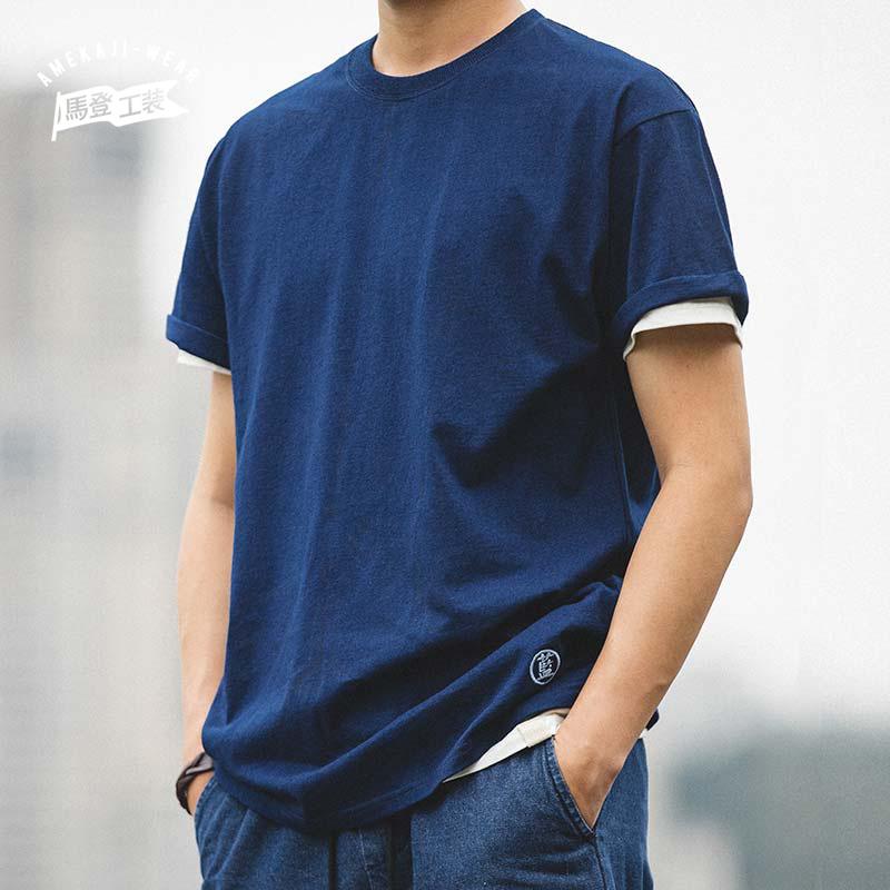 MADEN ヴィンテージ 藍染め 綿の半袖シャツ