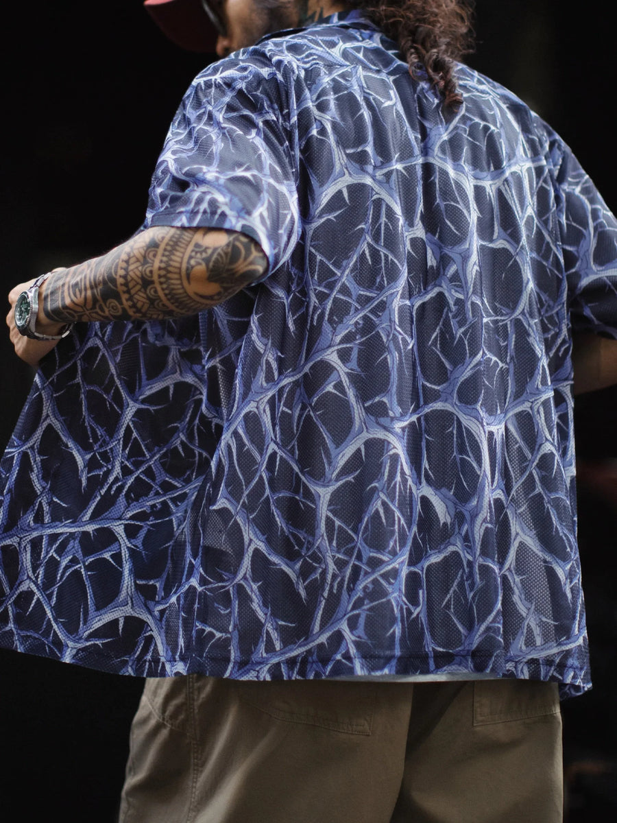 MADEN Men's Thorn Print Short Sleeve Mesh Shirt