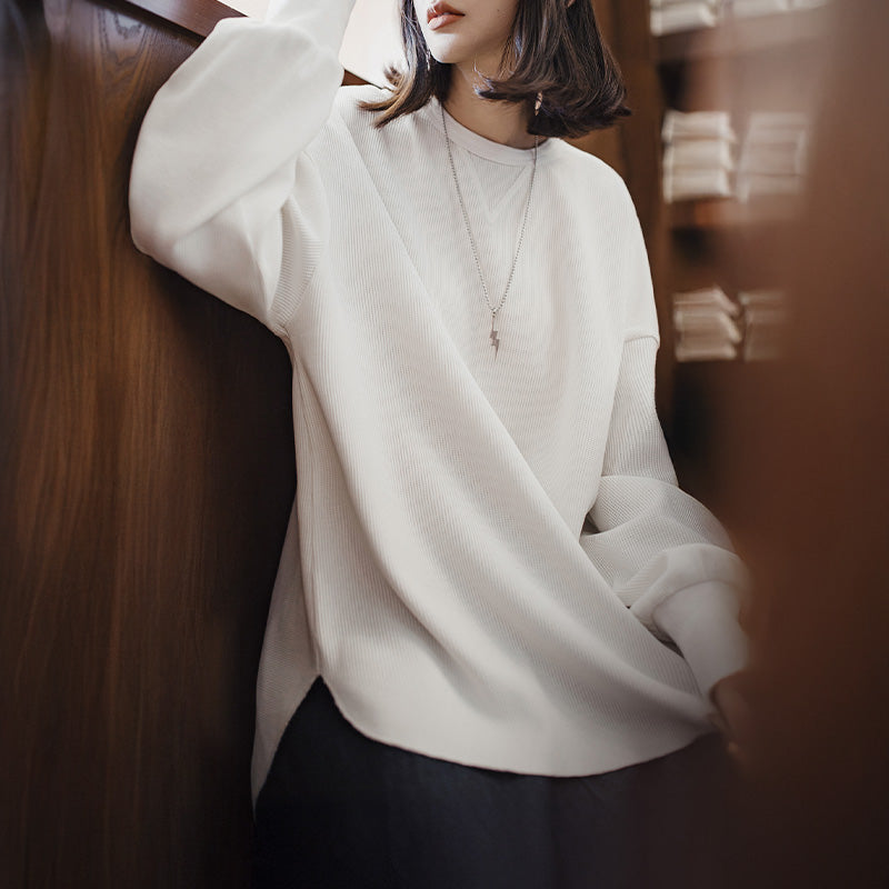 MADEN Damen-Pullover in Weiß mit Waffelstruktur, Oversize-Schnitt 