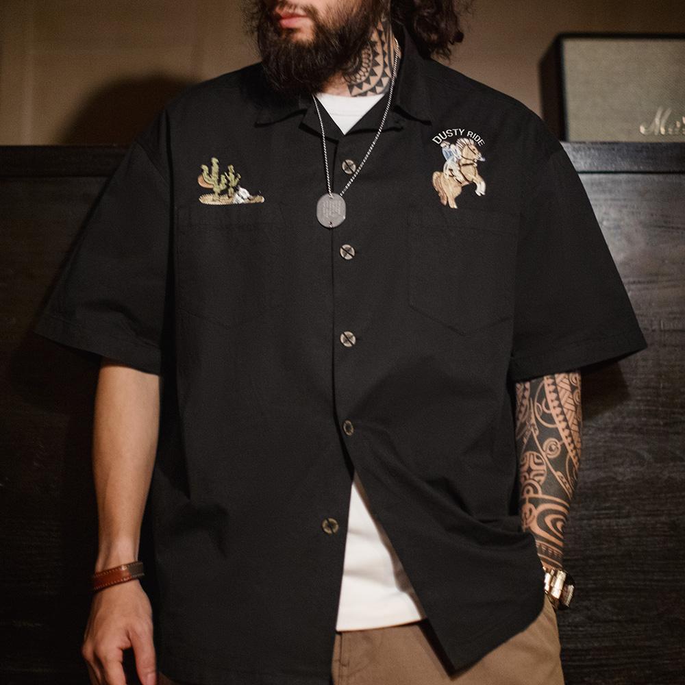 MADEN Cuban Collar Embroidered Short Sleeve Shirt