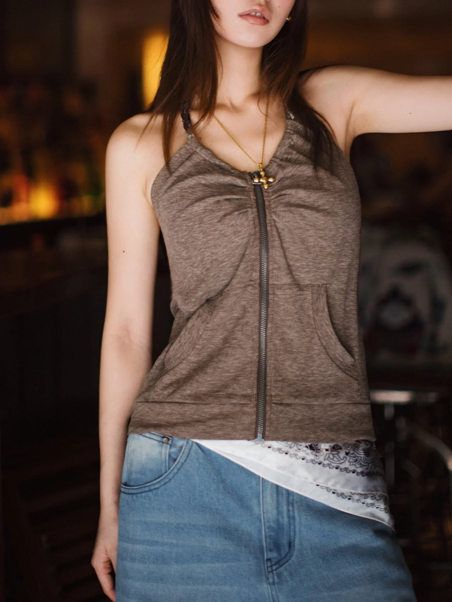 MADEN Women's Zip-Front Sleeveless Ribbed Cotton Tank Top