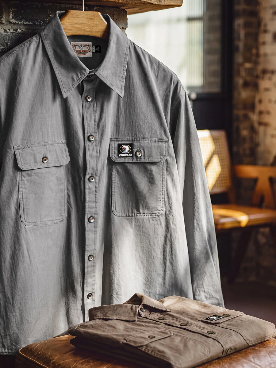 MADEN Vintage Workwear Cotton Long-Sleeve Casual Shirt