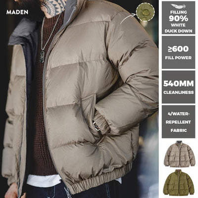 Maden Winter Reversible Down Jacket for Men White Duck Down Filling Versatile Stand-up Collar Warm Coat Mens Solid Color Jacket