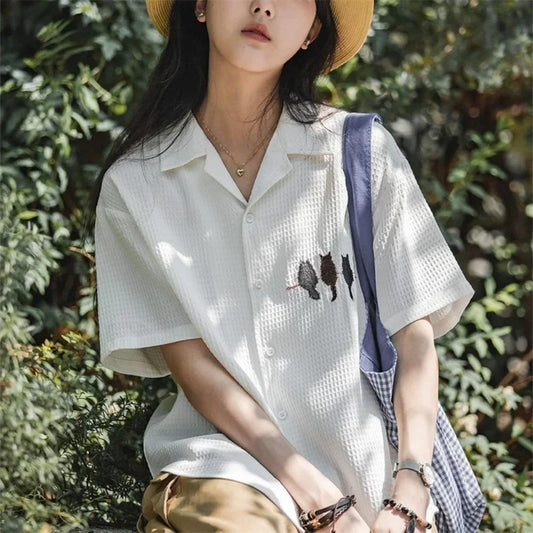 Maden Damen Kurzarm Shirt - Freizeit Vintage Stickerei