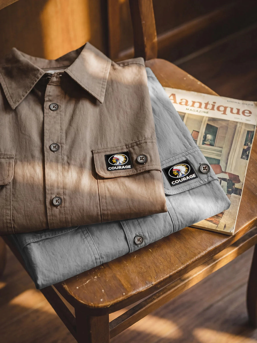 MADEN Vintage Workwear Cotton Long-Sleeve Casual Shirt