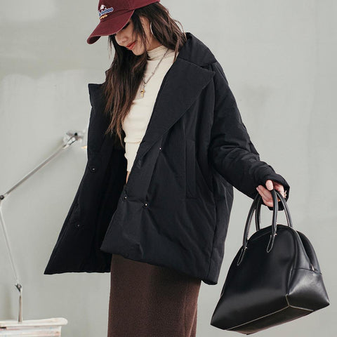 MADEN Damen-Steppmantel, locker geschnitten, einfarbig, warm, Winter, bequem, vielseitig, dicker Reverskragen, Basic, schwarz 