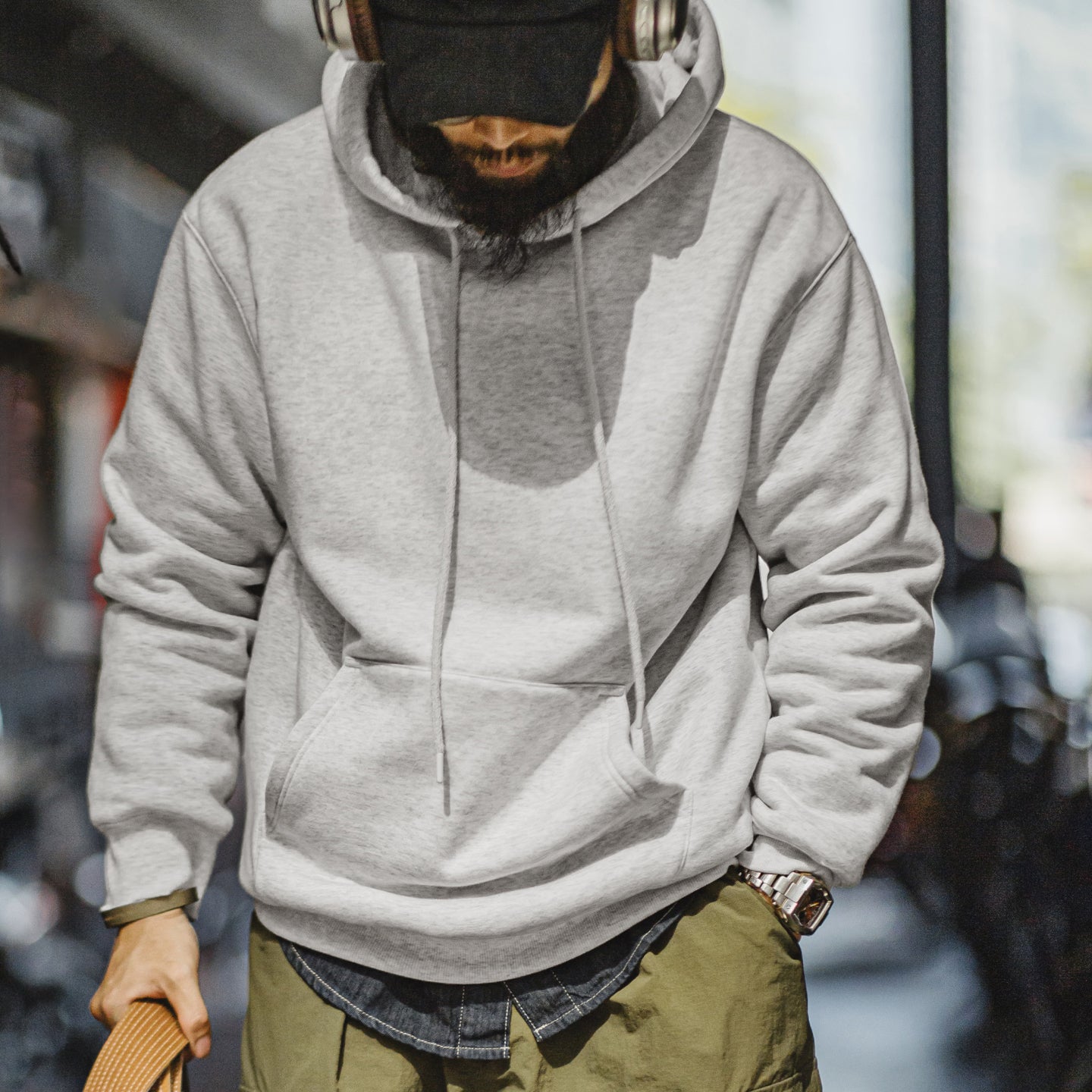 MADEN Herren Grauer Hoodie – Fleecegefüttert