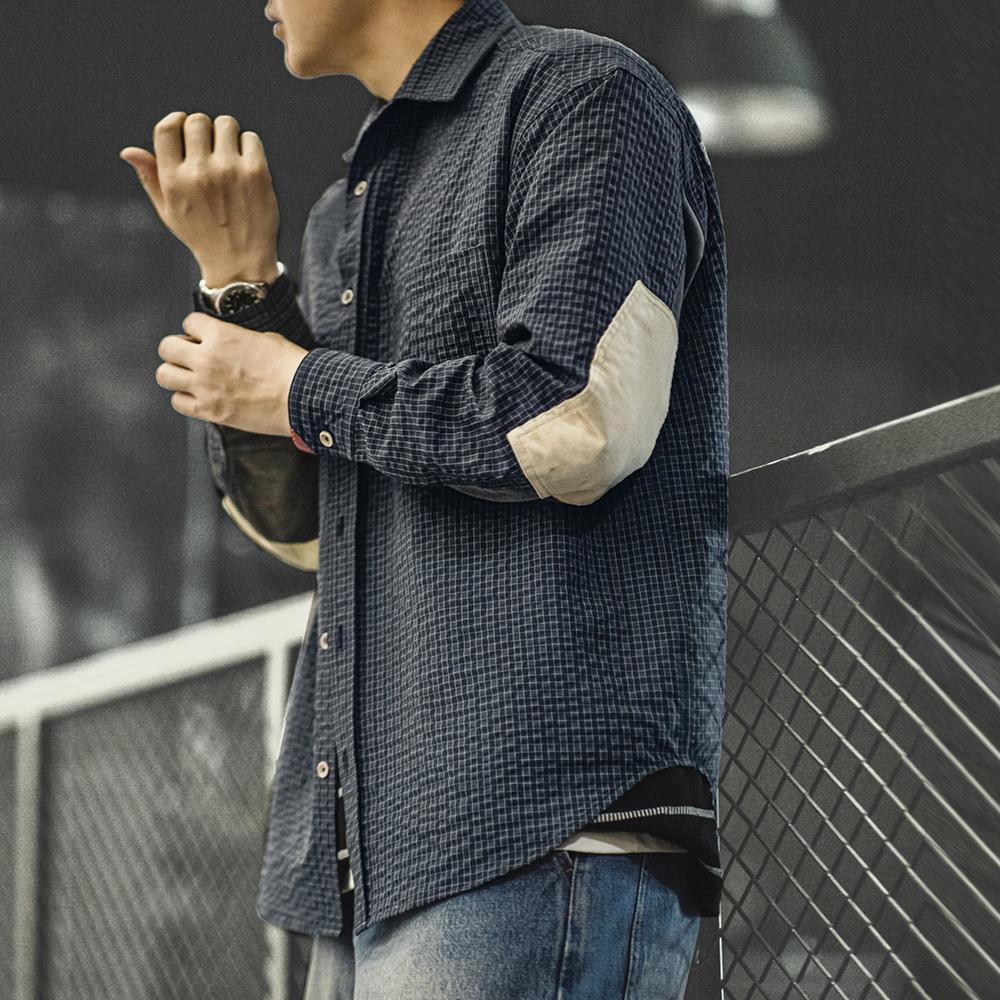 MADEN Retro Patchwork Seersucker Long Sleeve Shirt