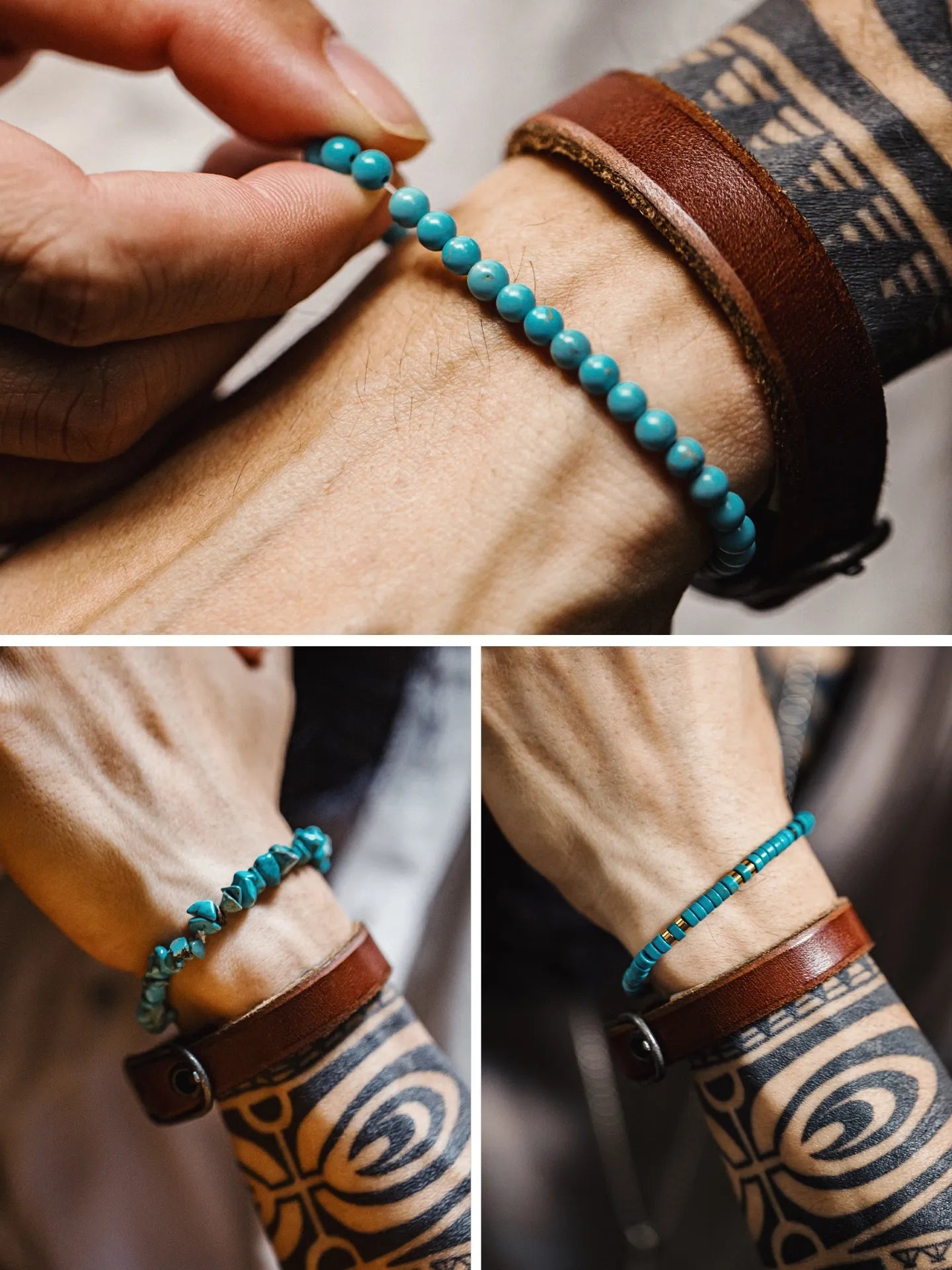 MADEN Vintage Turquoise Beaded Stretch Bracelet for Daily Wear