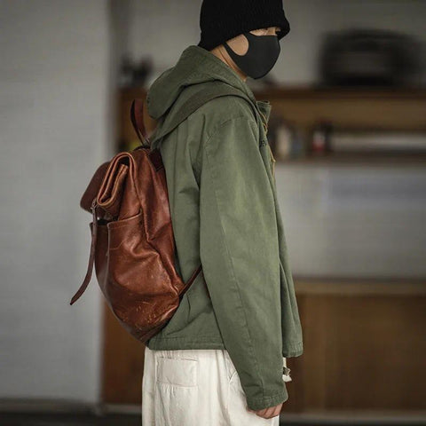 Maden Male Hoodie Jacket  Long Sleeve Deck Jacket Drawstring Neckline Workwear Jacket Green Cuffs Ribbon Closure Jacket