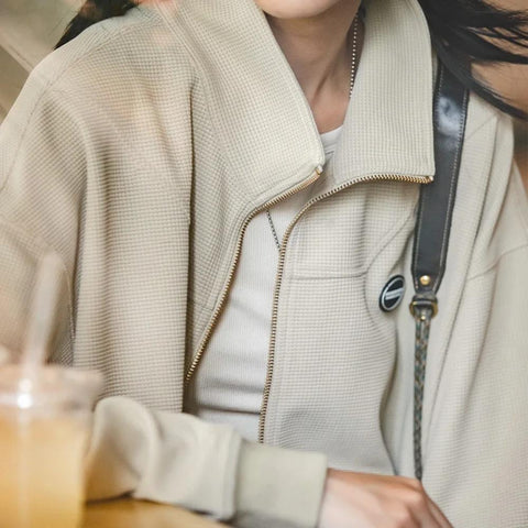 MADEN Damen-Kapuzenjacken mit Reißverschluss, Waffelrippbündchen, lässige Jacken, Harajuku-Sweatshirts, Mäntel mit halbhohem Stehkragen, Streetwear 