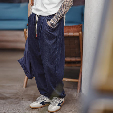 MADEN Men's Casual Jogger Denim Jeans with Elastic Waist and Drawstring Washed Straight-Leg Lose Pants for Men