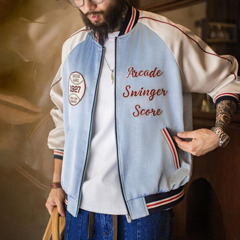 MADEN Men's Sukajan Baseball Jacket Retro Satin Embroidered Design Varsity Coat Y2K Outerwear Bomber Jackets Blue Yankees-Inspired
