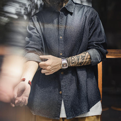 MADEN Herrenhemd mit Schachbrettmuster, lässig, Retro, langärmlig 