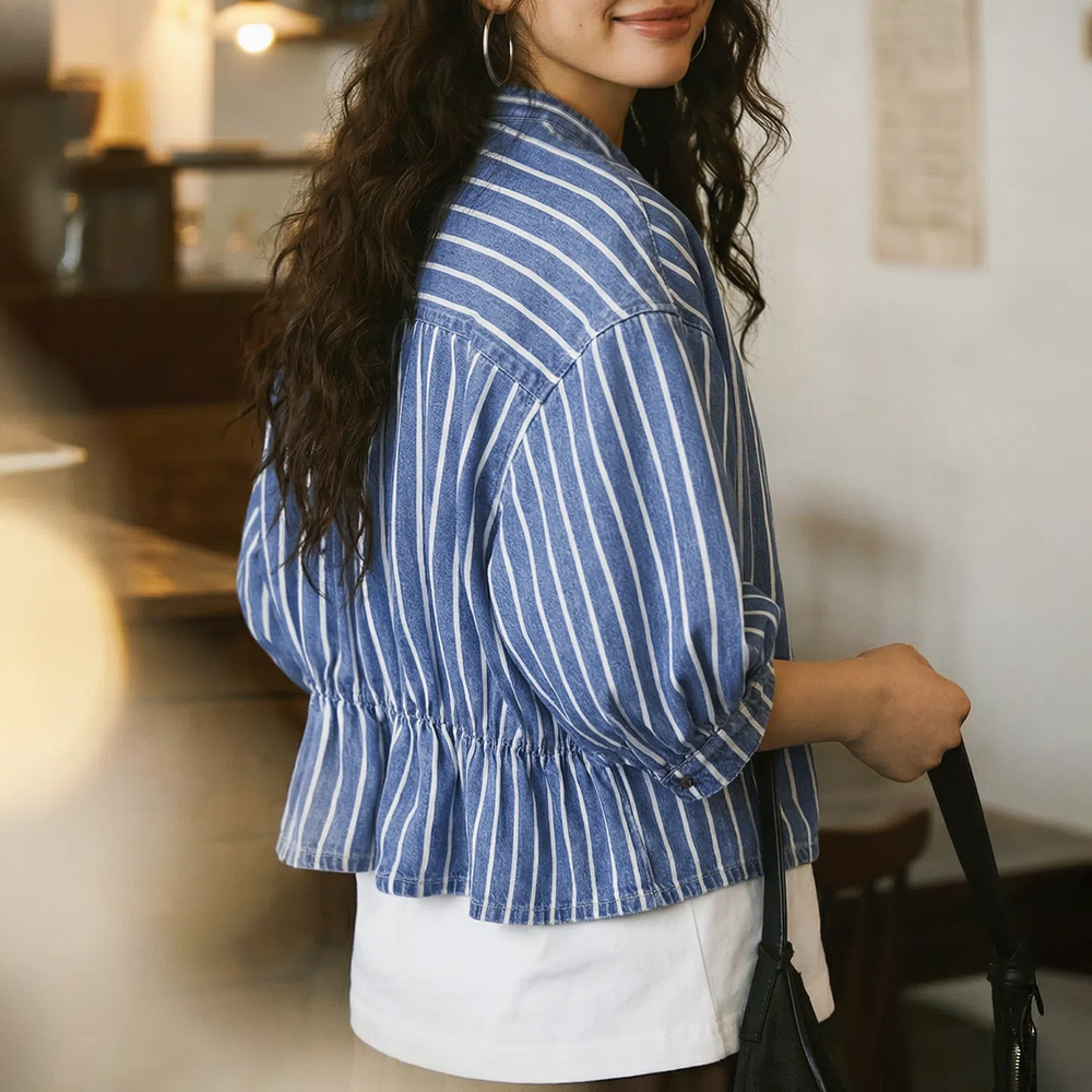 MADEN Women's Denim Stripe Crop Shirt