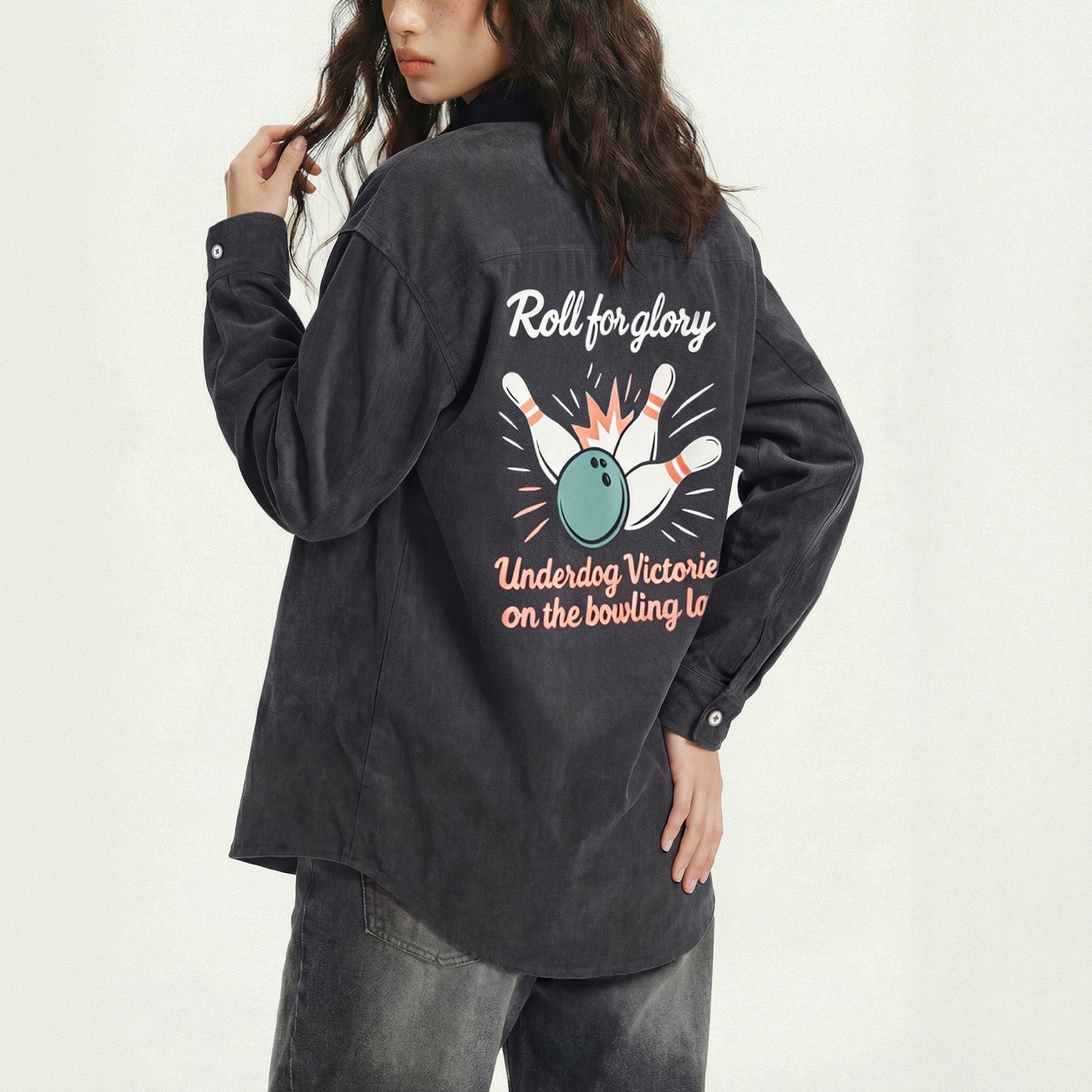 MADEN Damen Hemd aus Pfirsichhaut - Bowling-Print