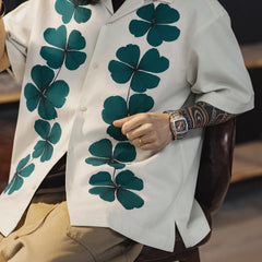 MADEN Men's Four-Leaf Clover Cuban Collar Camp Shirt