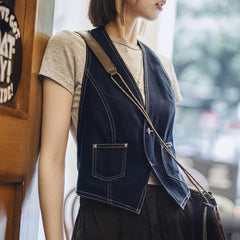 MADEN Women's Y2k Distressed Denim Vest with Raw Hem