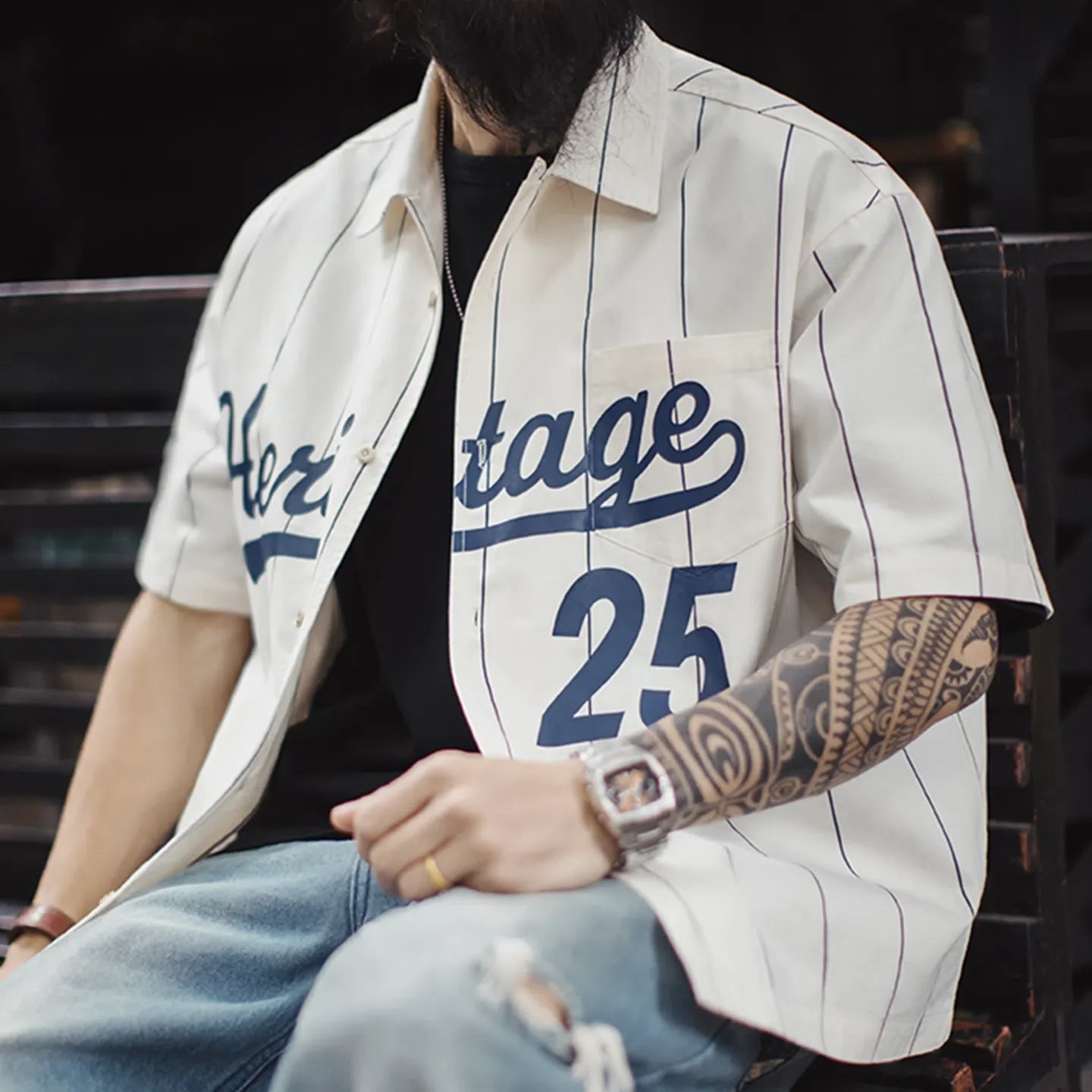 MADEN Men's Baseball Stripe Print Short-Sleeve Shirt