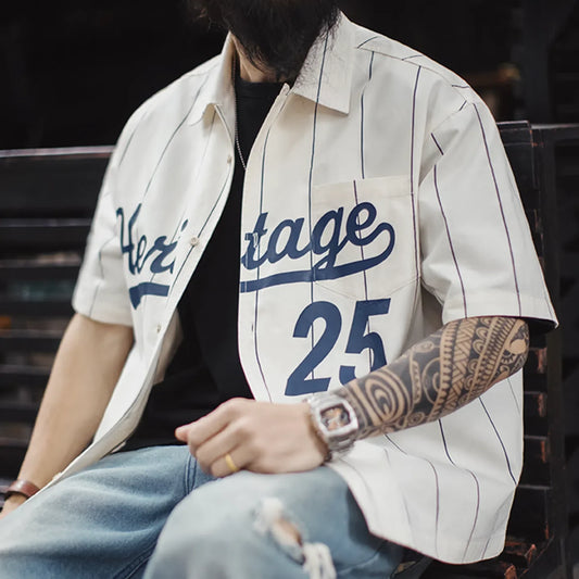 MADEN Men's Baseball Stripe Print Short-Sleeve Shirt