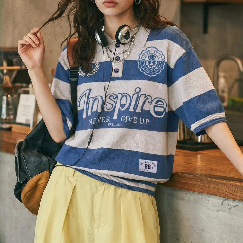 MADEN Women's Striped V-Neck Knit Polo Short-Sleeve T-Shirt