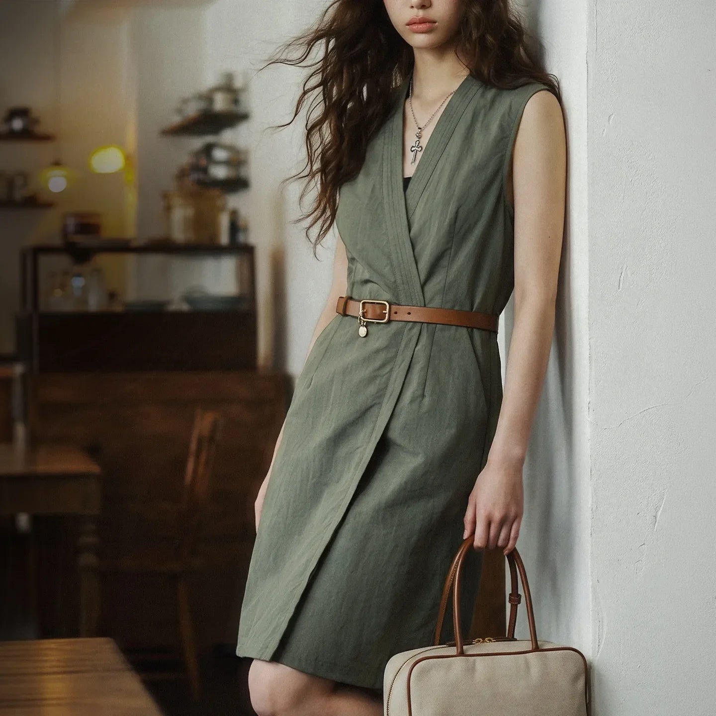 MADEN Women's V-Neck Sleeveless Vest Dress with Belt