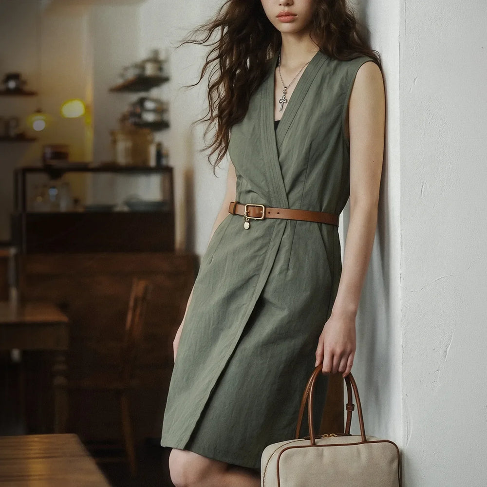 MADEN Women's V-Neck Sleeveless Vest Dress with Belt