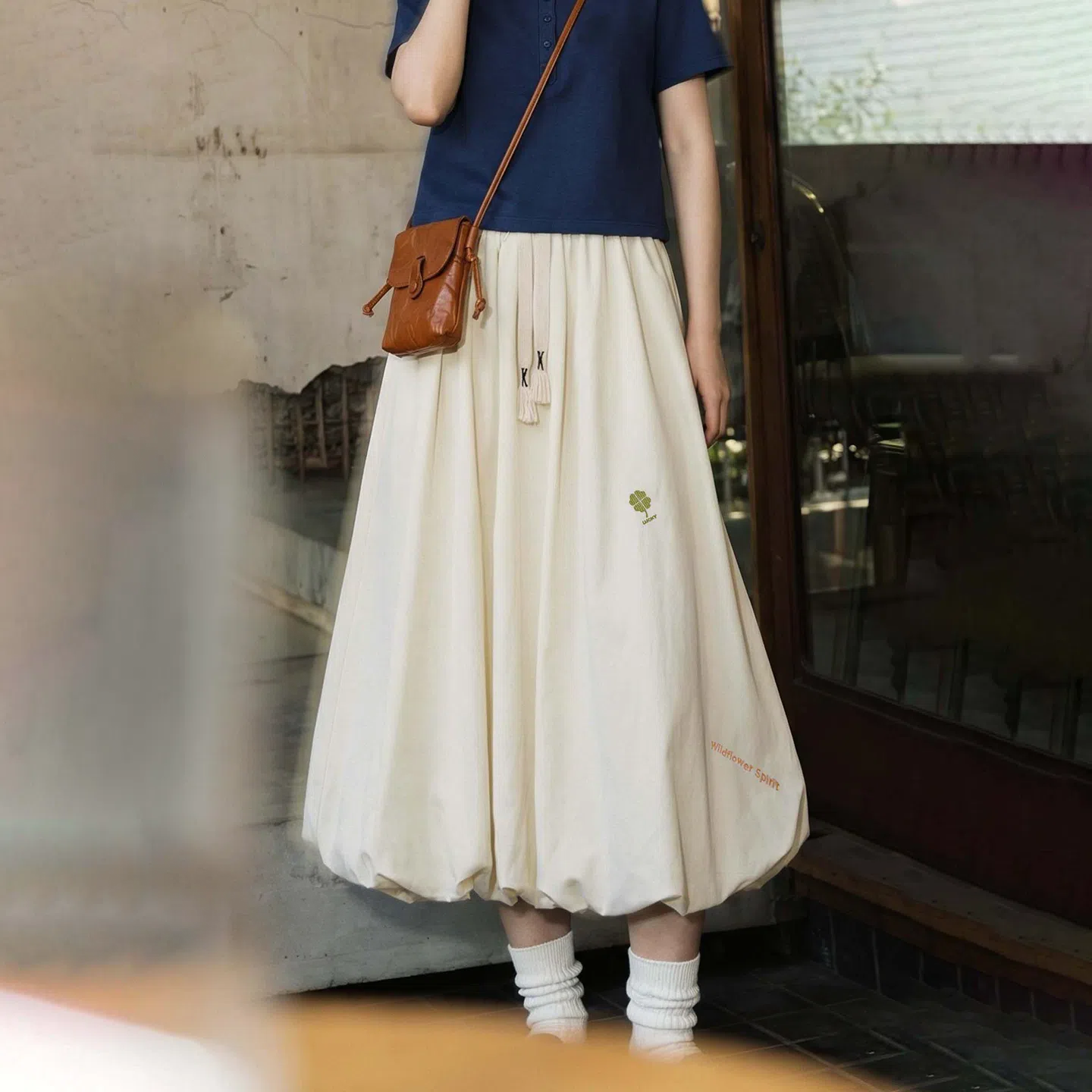 MADEN Women's Cream Bubble Maxi Skirt