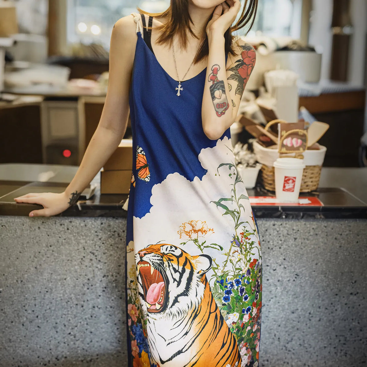 MADEN Women's Tiger Print Midi Dress for Daily Wear