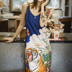 MADEN Women's Tiger Print Midi Dress for Daily Wear