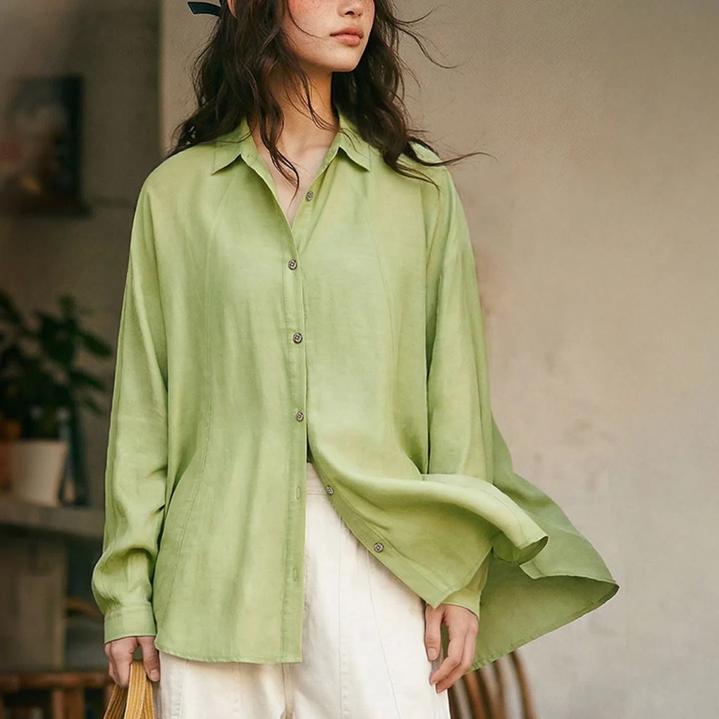 MADEN Women's Green Lyocell Long Shirt