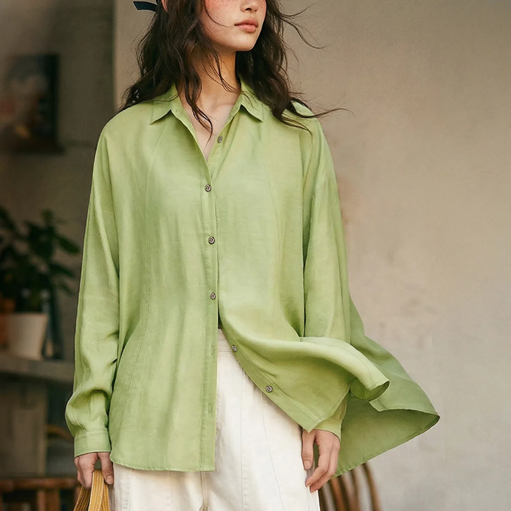 MADEN Women's Green Lyocell Long Shirt
