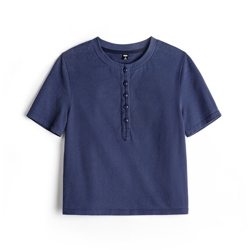 MADEN Damen Kurzes Henley T-Shirt aus Baumwolle