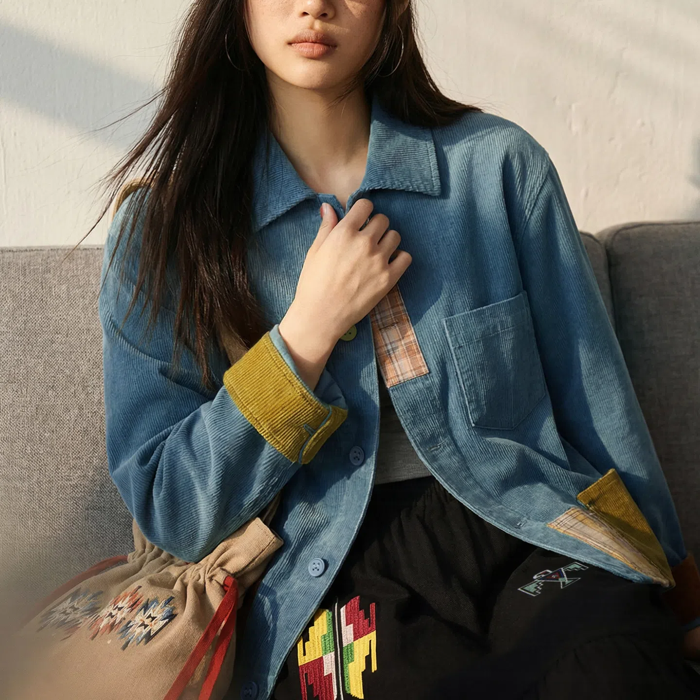 MADEN Retro Patchwork Corduroy Shirt - Cotton 100%