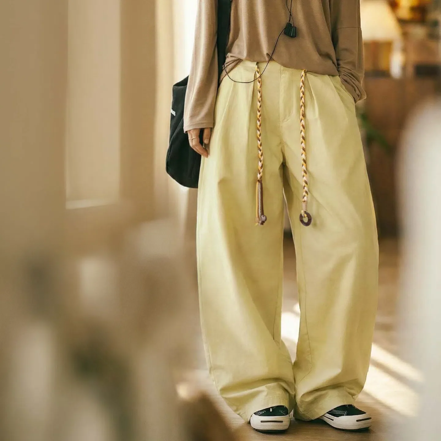 MADEN Women's Loose Drawstring Pleated Wide-Leg Pants