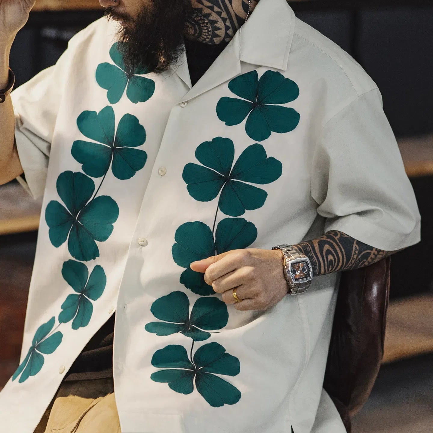 MADEN Men's Four-Leaf Clover Cuban Collar Camp Shirt