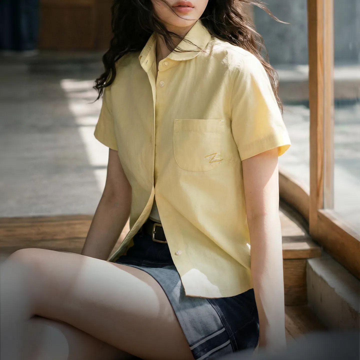 MADEN Women's Yellow Doll Collar Shirt
