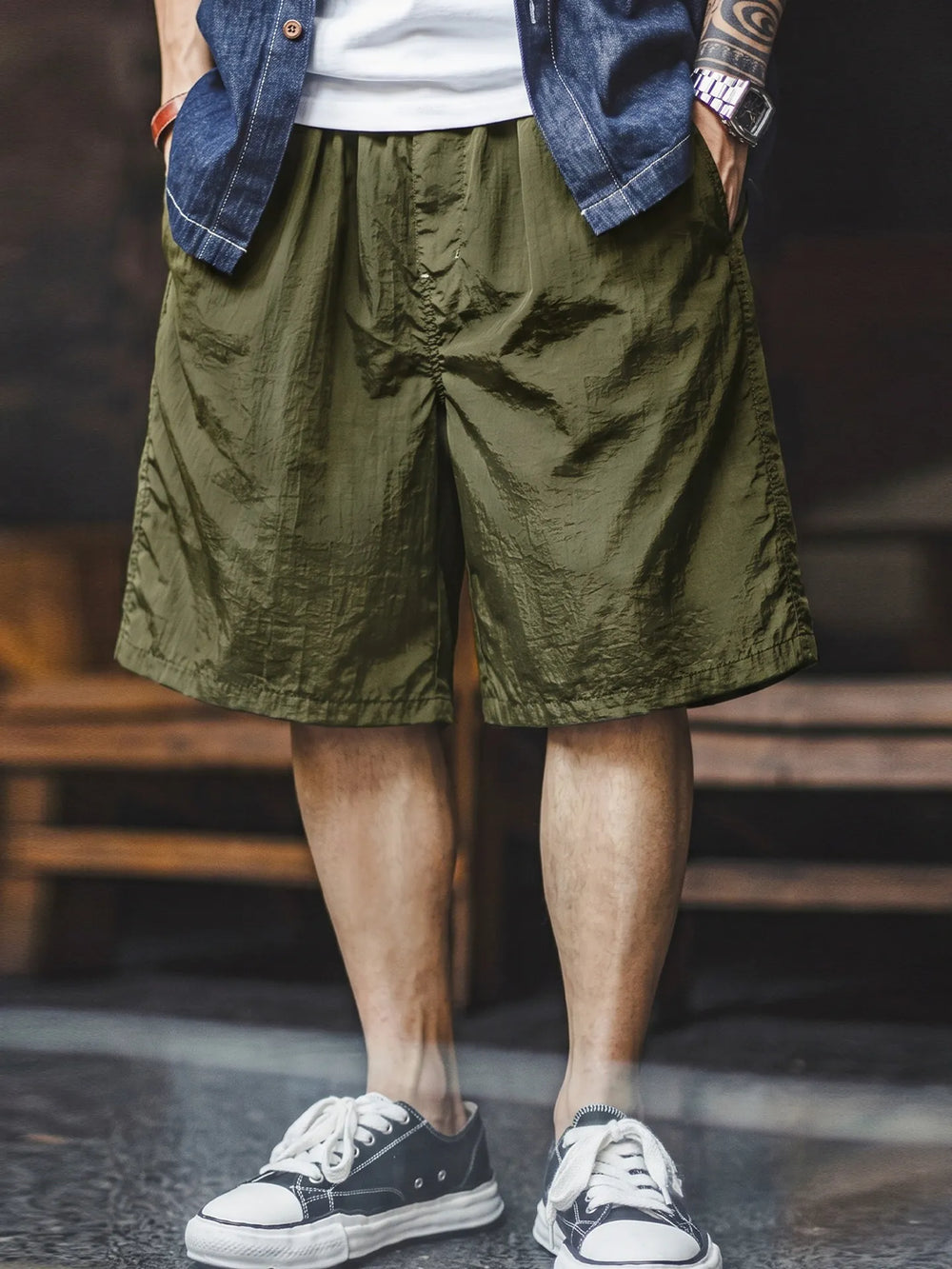 MADEN Olive Wide Leg Athletic Shorts