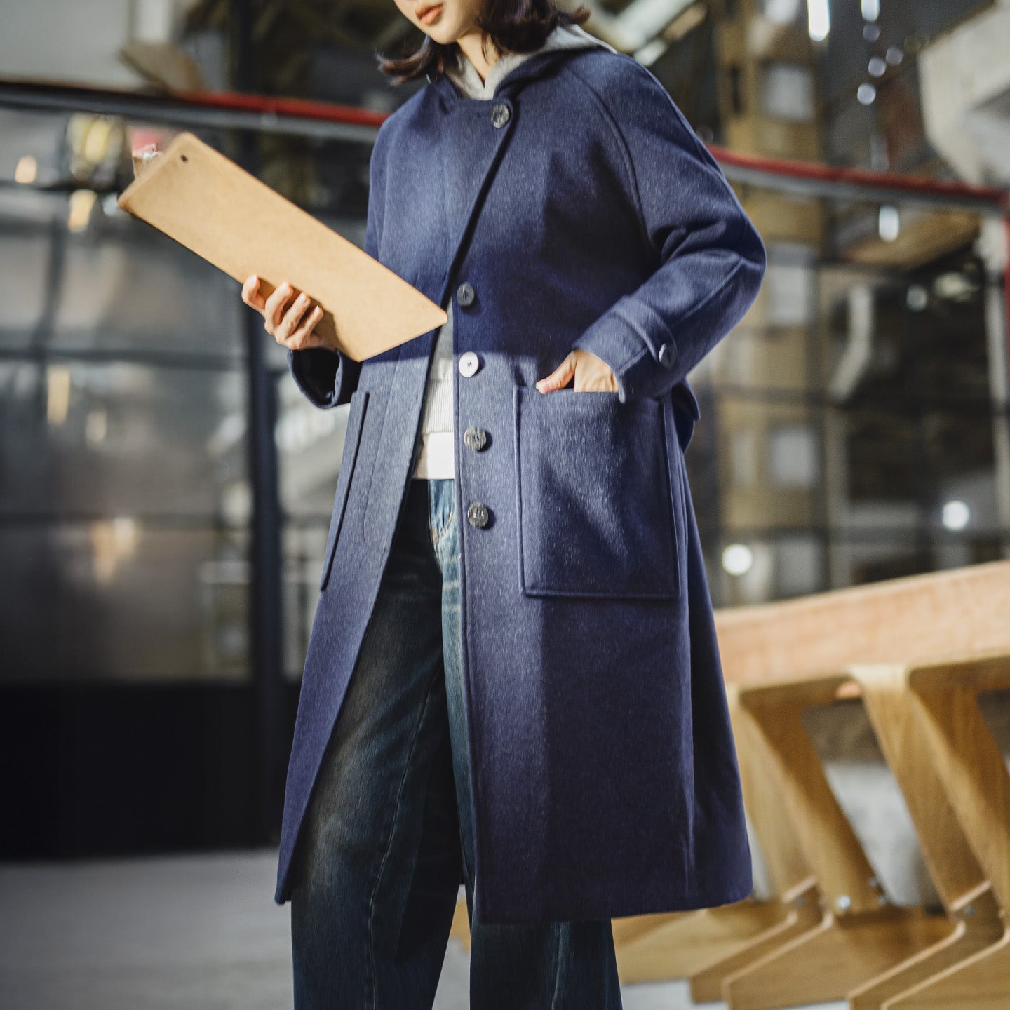 MADEN Women's Wool-Blend Stand Collar Overcoat