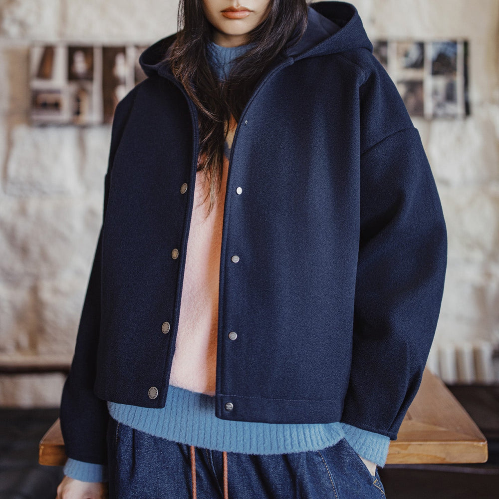 MADEN Thick Textured Hooded Coat Short Wool-Texture Jacket