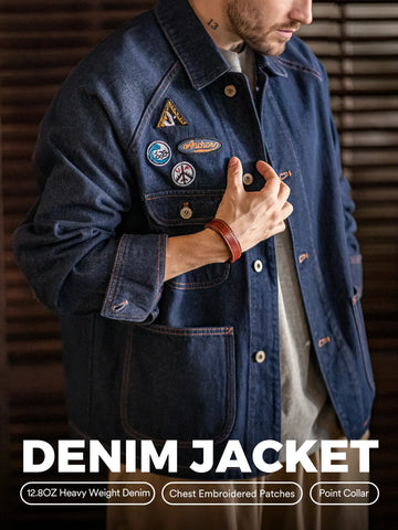 MADEN Men's 12.8oz Heavyweight Embroidered Denim Jacket