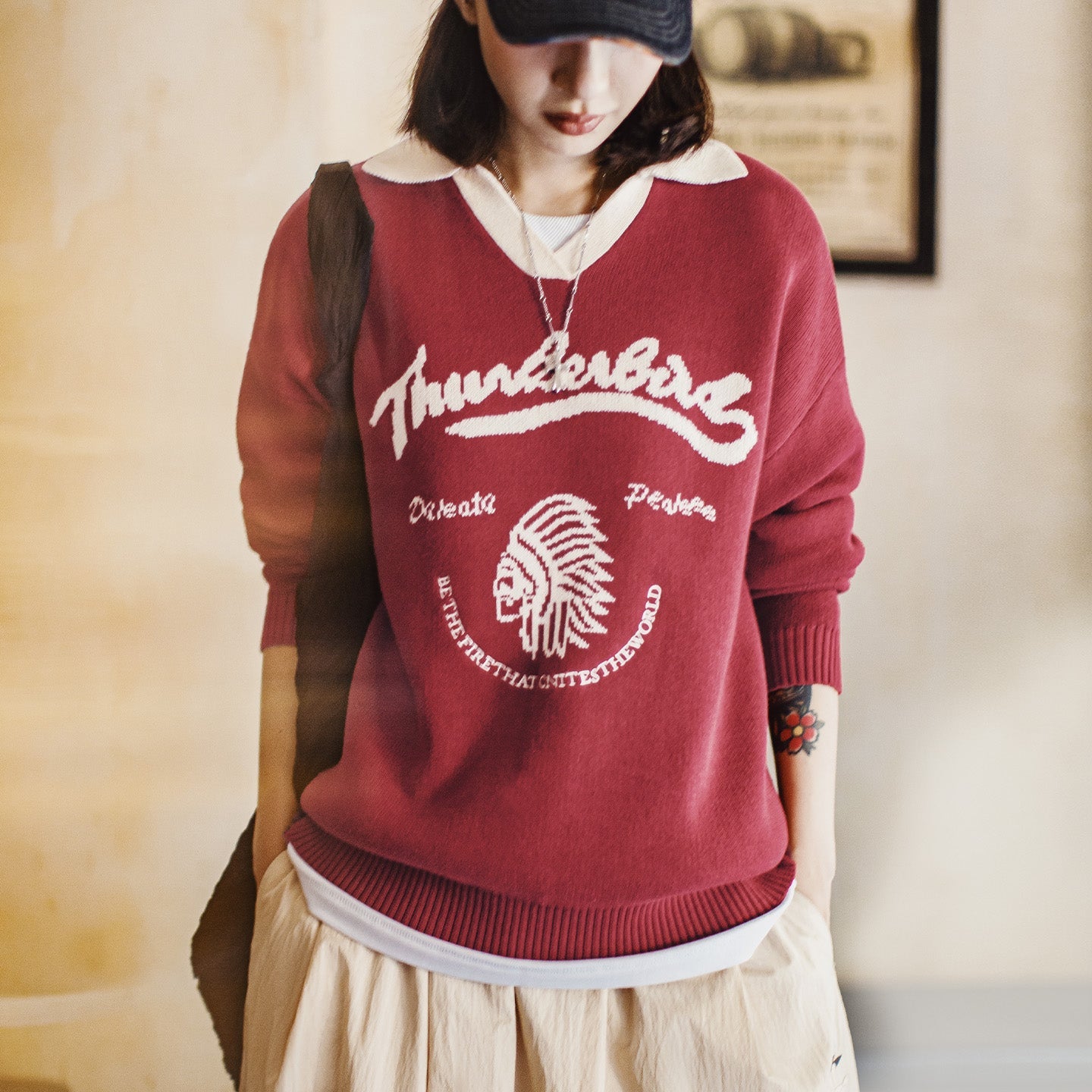 MADEN Retro Burgundy Color-Block V-Neck Sweater