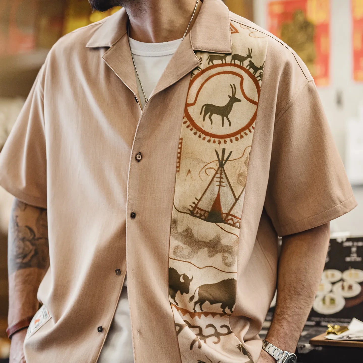 MADEN Totem  Printing  Camp Collar V-neck shirt