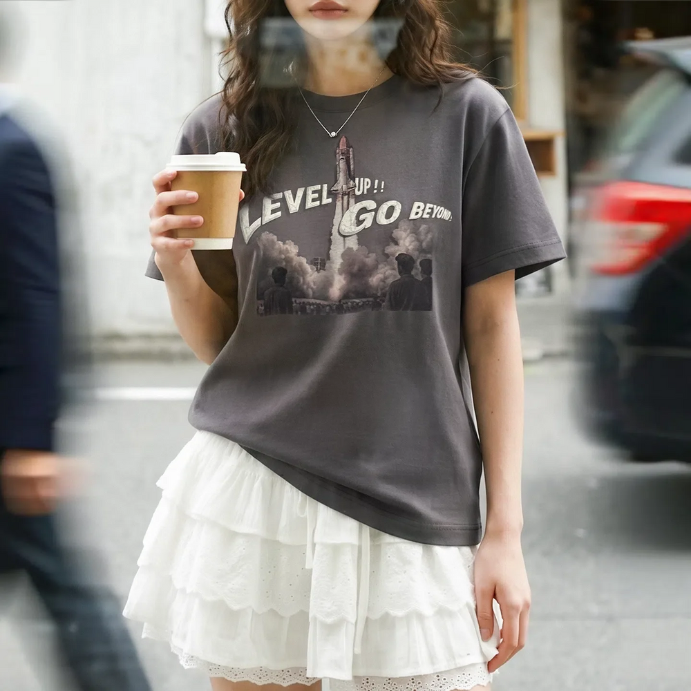MADEN Women's Vintage Letter Print Heavyweight Cotton T-Shirt