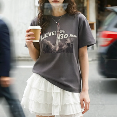 MADEN Women's Vintage Letter Print Heavyweight Cotton T-Shirt