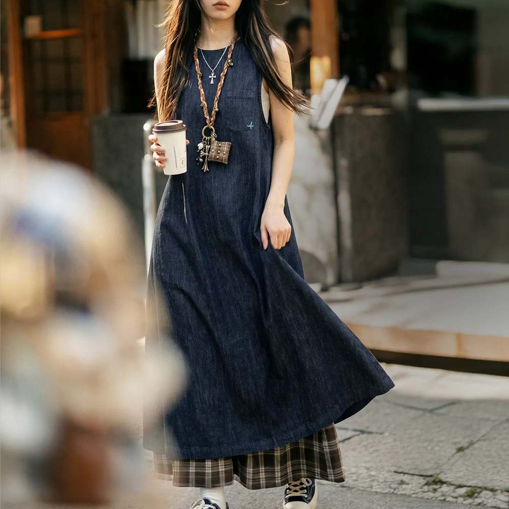MADEN Women's Denim Sleeveless Maxi Dress